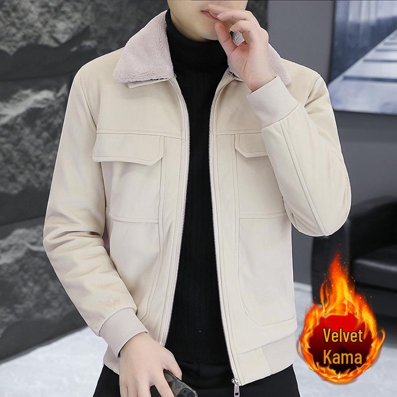 2025 Winter Men s Thickened Suede Jacket with Fleece Lining and Lapel Fur Collar L (105-120 Jin) абрикосовый