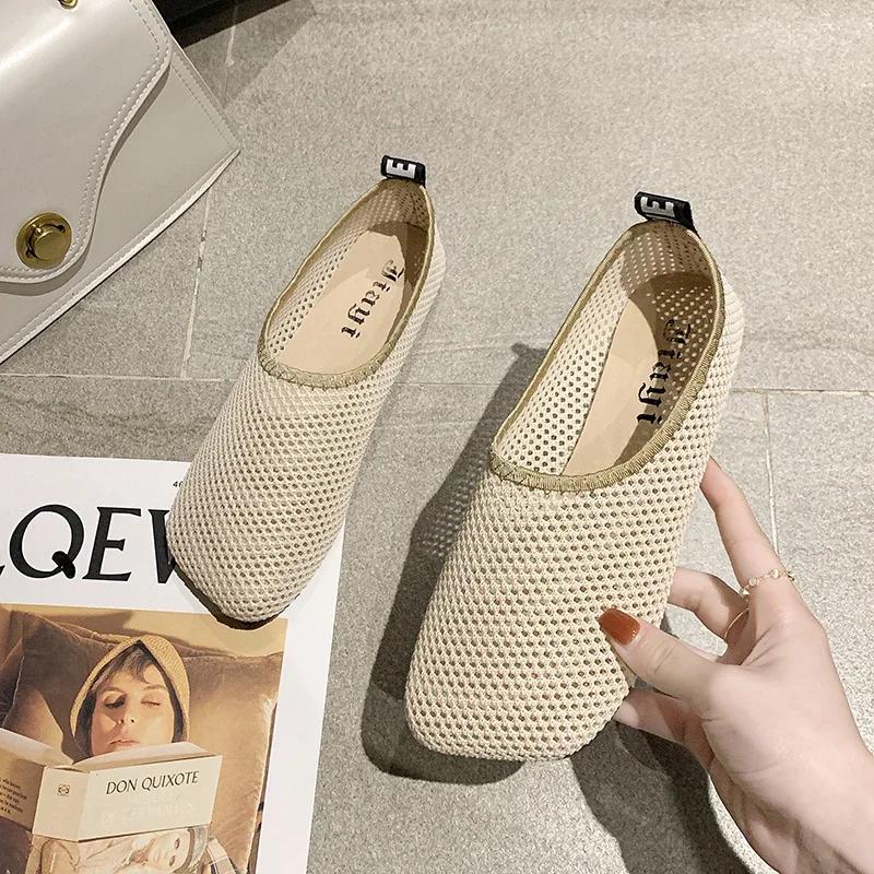 Women's Flat Shoes Square Toe Mesh Upper One Kick Shoes Women Leisure Daily Breathable Roman Anti-Slip Sole Zapatillas De Mujer