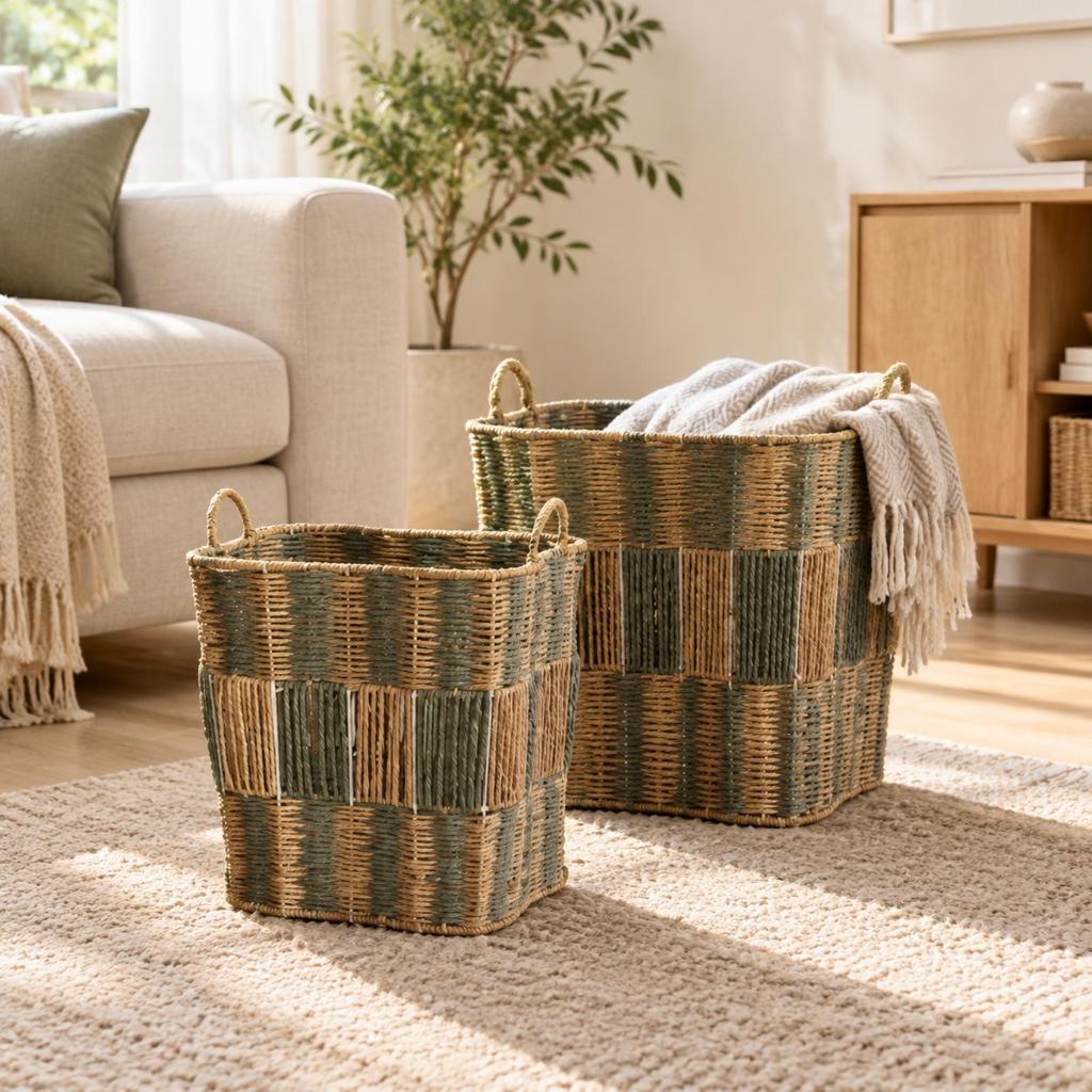 Paper Rope Laundry Basket Open-Top Handwoven Portable for Home