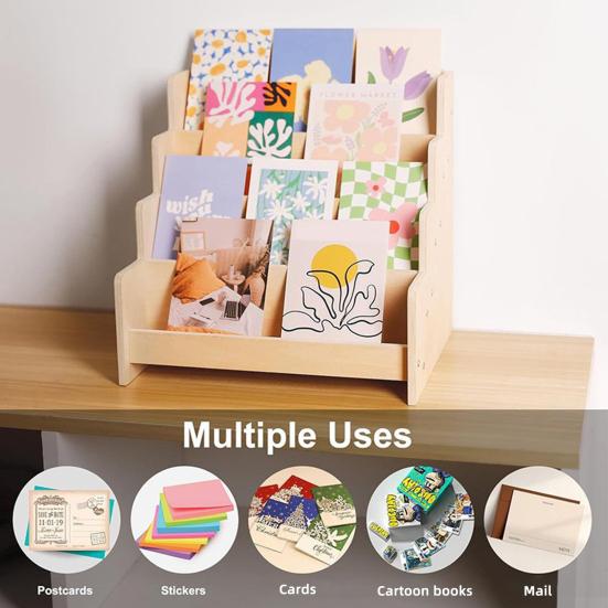 Stojak Ekspozycyjny na Kartki z Życzeniami Wysoka Stabilność Łatwy w Montażu Wielofunkcyjny 4-Poziomowy Drewniany Stojak Organizer Uchwyt na Zdjęcia Broszury