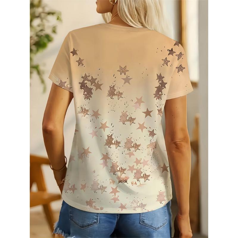 Women's Tee - Cute Coffee Cow & Star Graphic, Playful Cartoon Animal Design for Casual Daily Wear