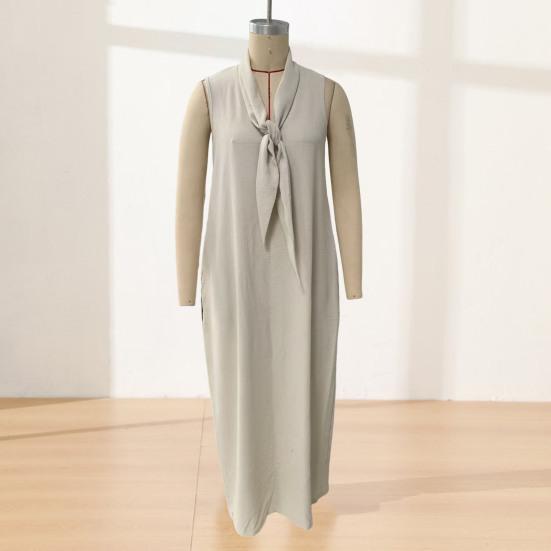 Maxi Abito da Donna con Scollo a V e Nodo sul Davanti, Abito Estivo Senza Maniche Ampio, Casual Fluido da Viaggio Vacanza Lungo con Tasche