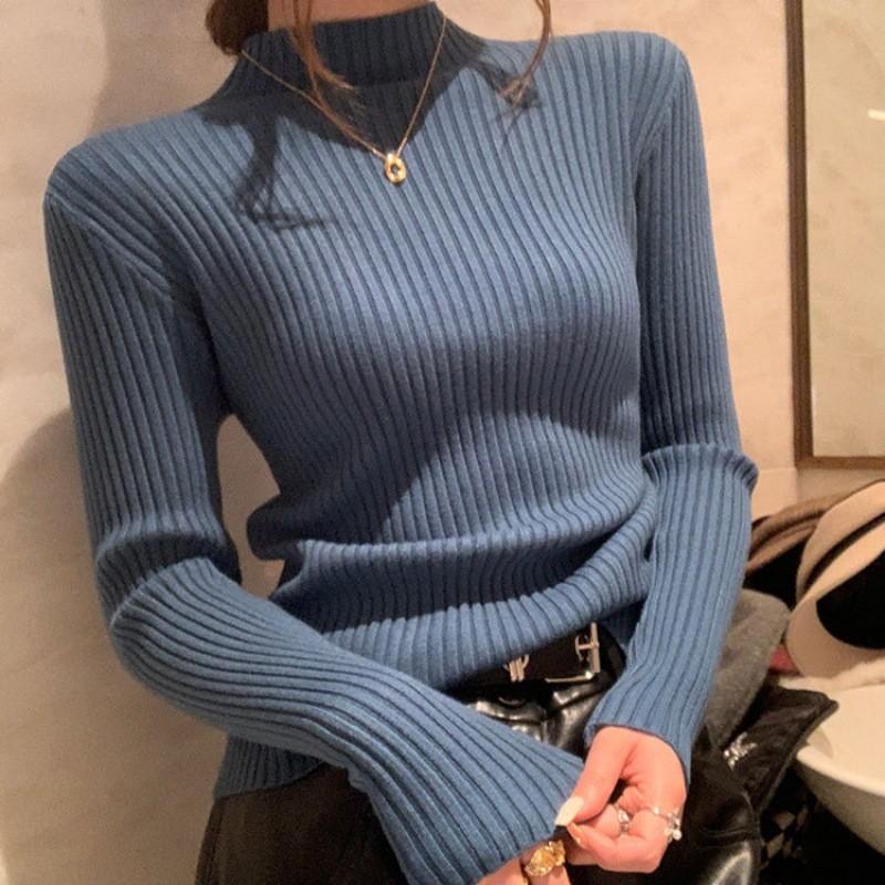 Womens Knit Sweater With Stand Collar And Spliced Design For Elegant Office Wear