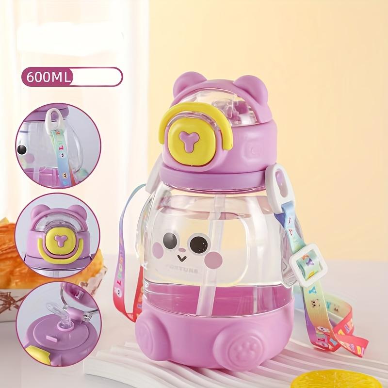 Cute Cartoon Student Water Bottle 600ml/20.29oz Food-Grade Material Portable with Straw and Strap for Travel Sports 1 Pack