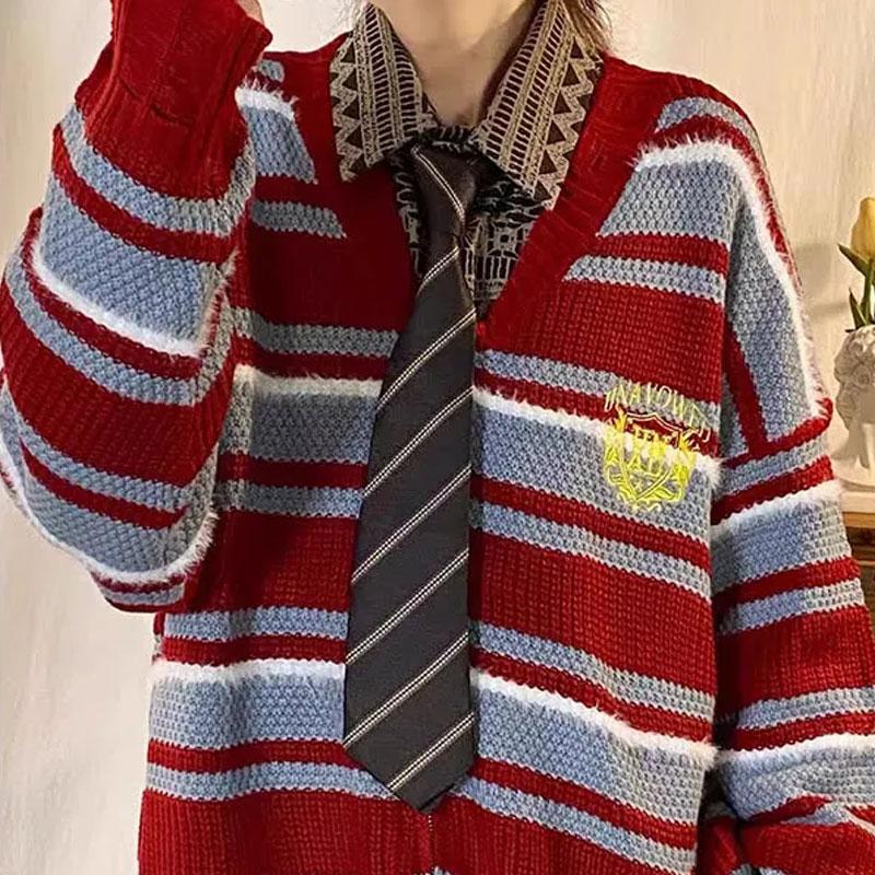 

Preppy Style Striped Knitted Cardigan Autumn Winter Contrasting Colors V-Neck Fashion Zipper Casual Sweaters M красный