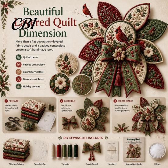 Easy Crafting Kit with Tutorial DIY Quilted Hanger for Door Wall, Wreath Patchwork Bow Sewing Hummingbird Cardinals Fabric Art Kit, Craft Adults