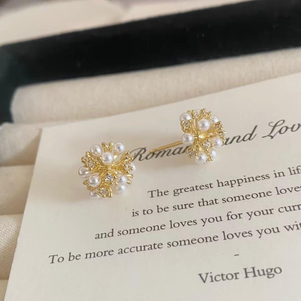 Elegant French Zirconia Pearl Firework Earrings for Women – Light Luxury High-End Studs, Versatile Fashion Jewelry