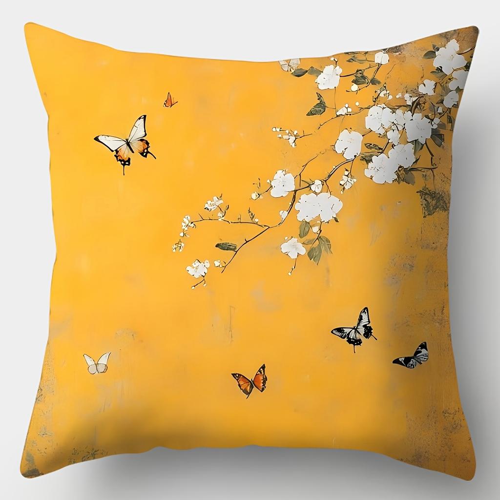 4Pcs Set, Sofa Pillowcase, Pear Flower And Sparrow Pillowcase, 17.7" * 17.7", Single-Sided Print, Home Decoration, Sofa Waist Pi