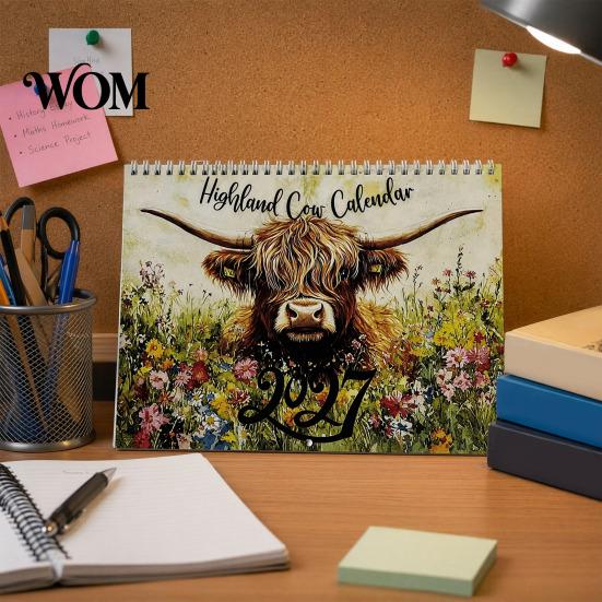Professional Planning Calendar Highland Cow 2027, 12 Month Wall Hanging Planner with Minimalist Desk Large Daily Blocks, Home Office Organizer, Lover