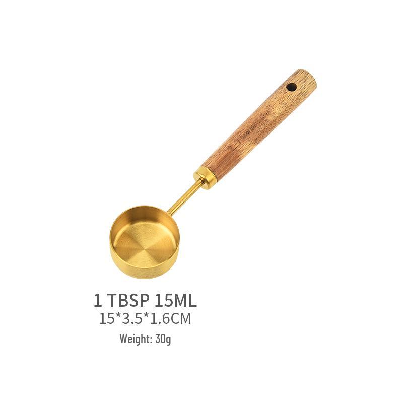 Gold-Plated Stainless Steel Measuring Cups & Spoons Set with Acacia Wood Handles – 8 Pieces