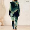 Women Plus Size Two Piece Pants Set Front Half Zip Long Sleeve Printed Longline Top Fitted Turquoise Pants