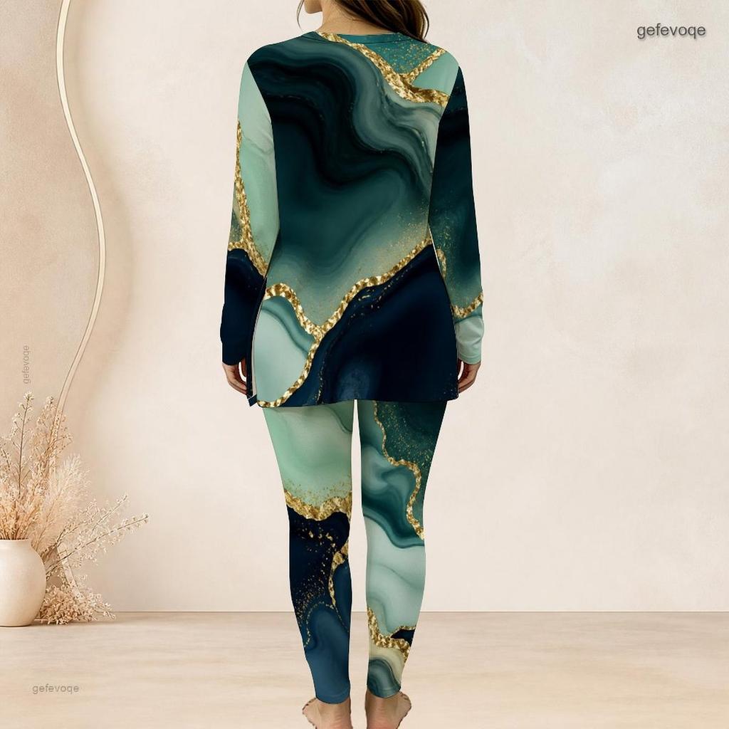 Women Plus Size Two Piece Pants Set Front Half Zip Long Sleeve Printed Longline Top Fitted Turquoise Pants
