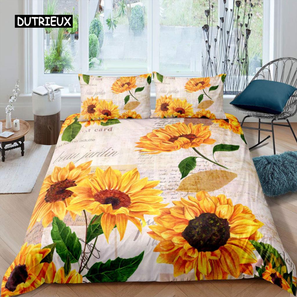 Sunflower Duvet Cover Set Queen Set Milk Cow Comforter Cover Black White Abstract Bedding Set Plant Leaf Polyester Quilt Cover