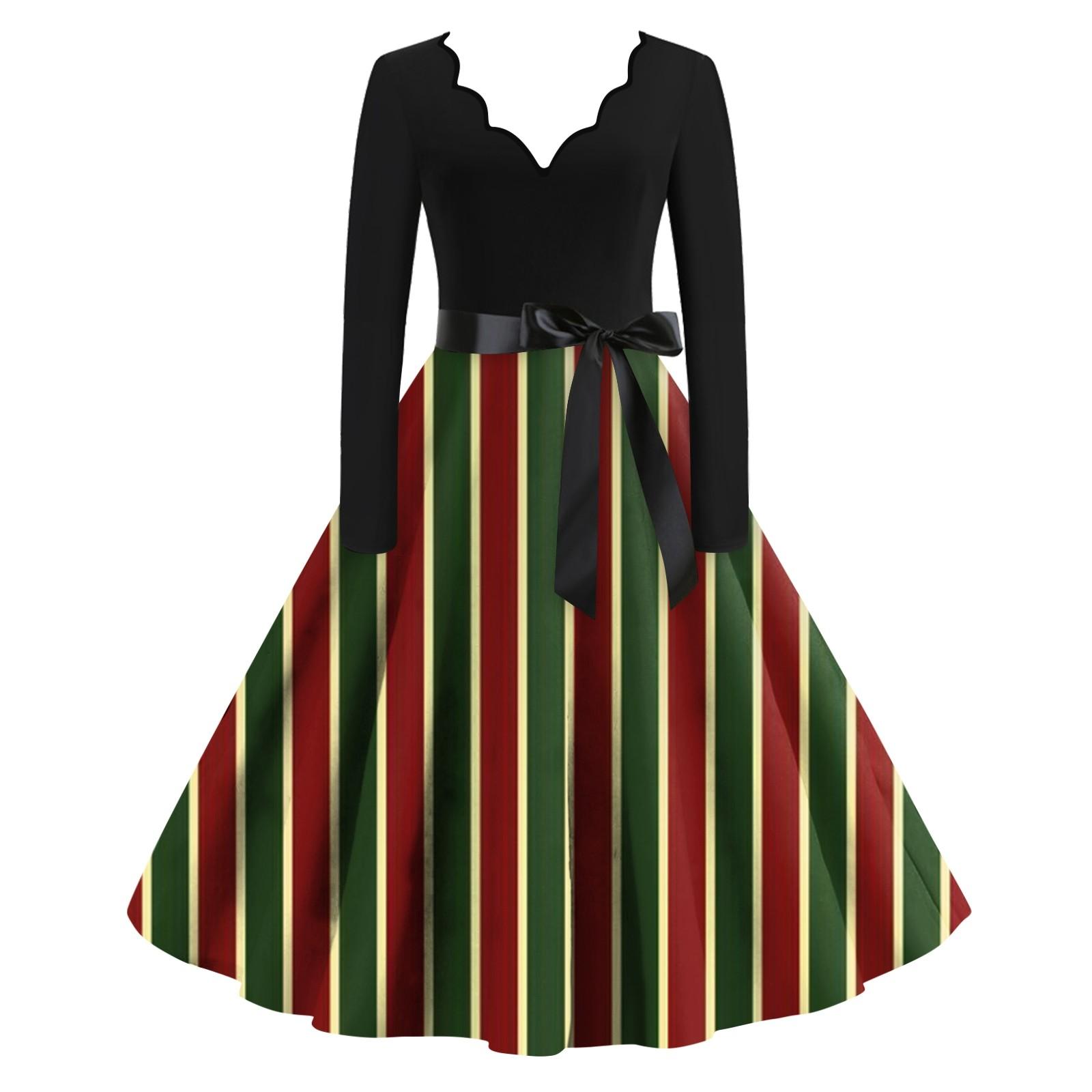 

Жіноча повсякденна модна ретро-сукня з V-подібним вирізом і довгими рукавами з різдвяним принтом, осінь M