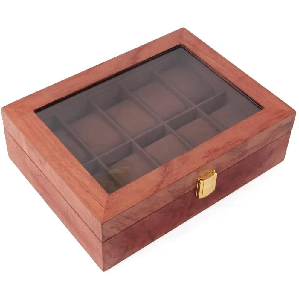 

Деревянная коробка для часов на 12 ячеек, Деревянный кейс из массива дерева с текстурой палисандра, Идеально подходит для демонстрации и хранения часов кофейный