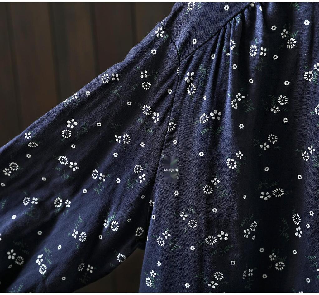 Spring 2026 Women's Retro Floral Cotton Gauze Long-Sleeve Shirt