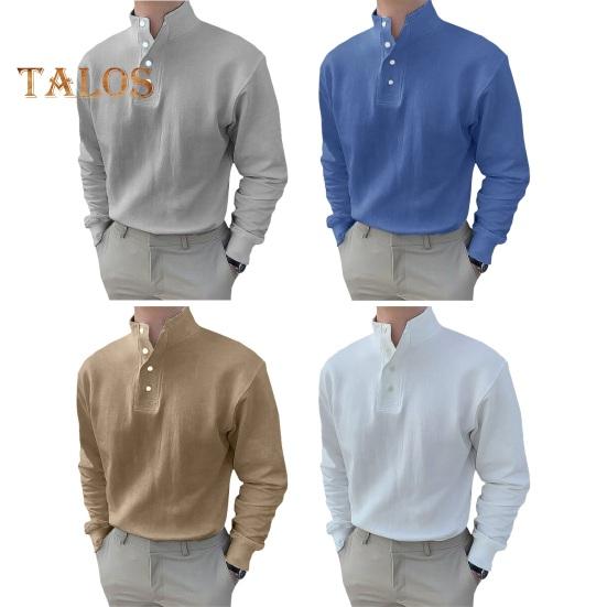 Høst Vår Herre Skjorte Knappelukket Halvåpen Ståkrage Lange Ermer Ensfarget Elastisk Mansjett Løs Pullover Hverdagsklær Kontortopp