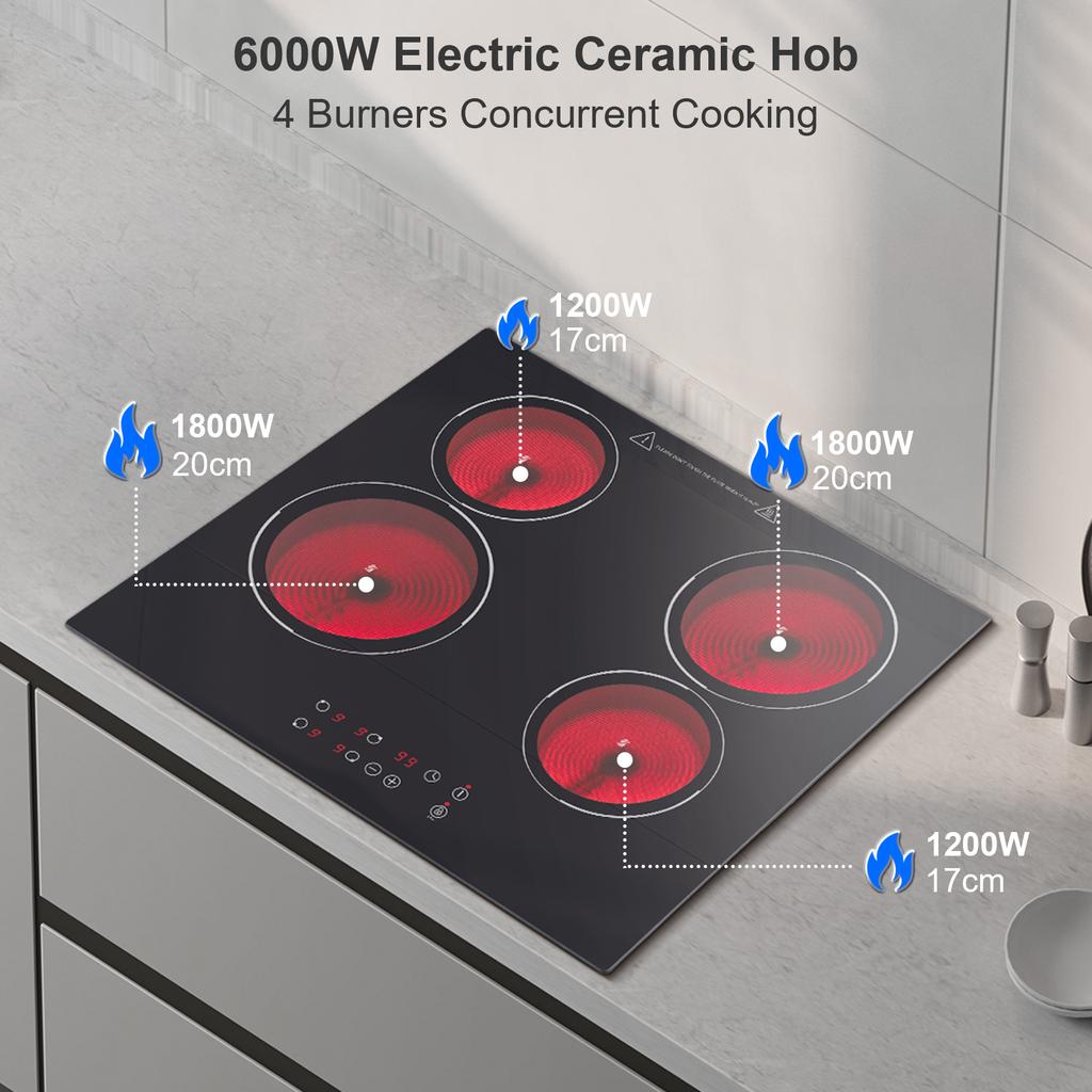 60 cm Ceramic Glass Cooktop, 4 Burner 6000W Built-in Touch Control, 9 Power Settings, 1-99 Min Timer