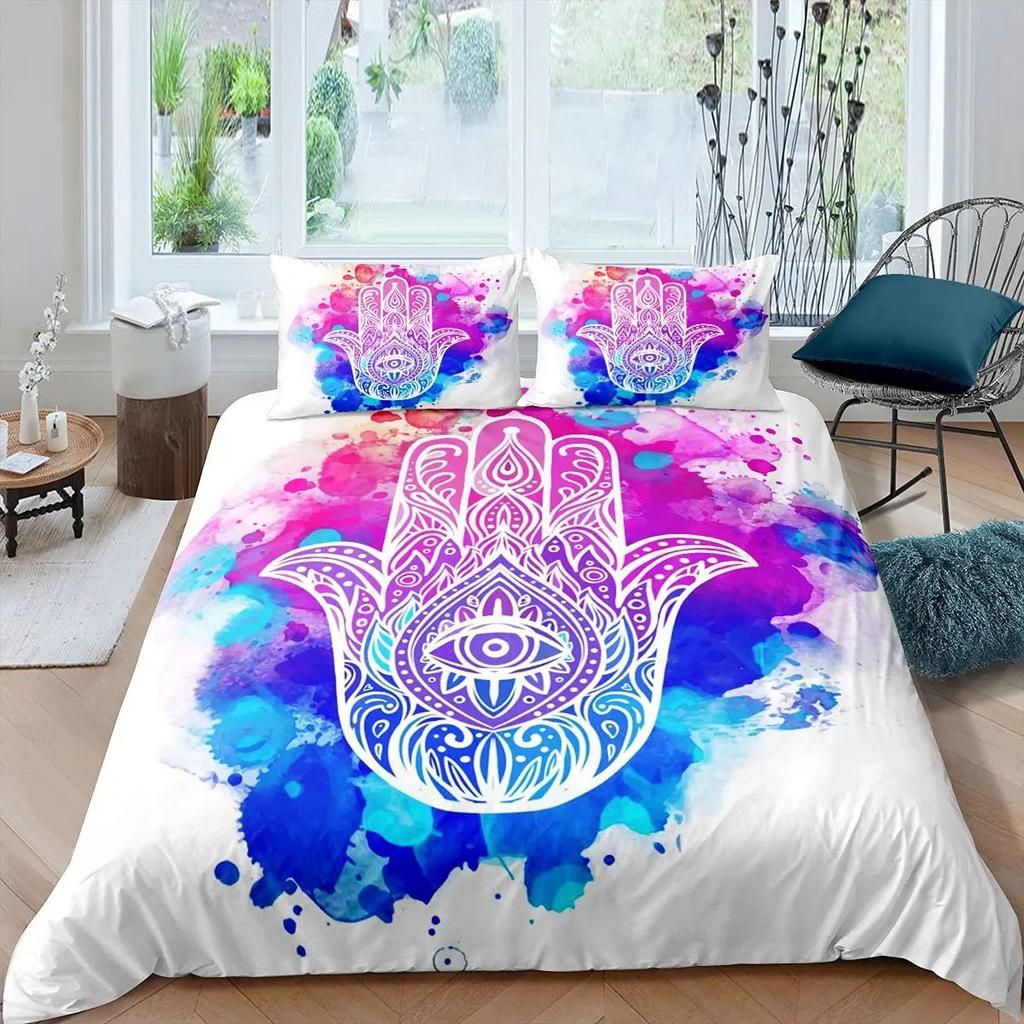 Hamsa Hand Bedding Sets Boho Hamsa Eyes Comforter Cover Exotic Bohemian Duvet Cover Set for Kids Boys Girls Trippy Art Bedspread