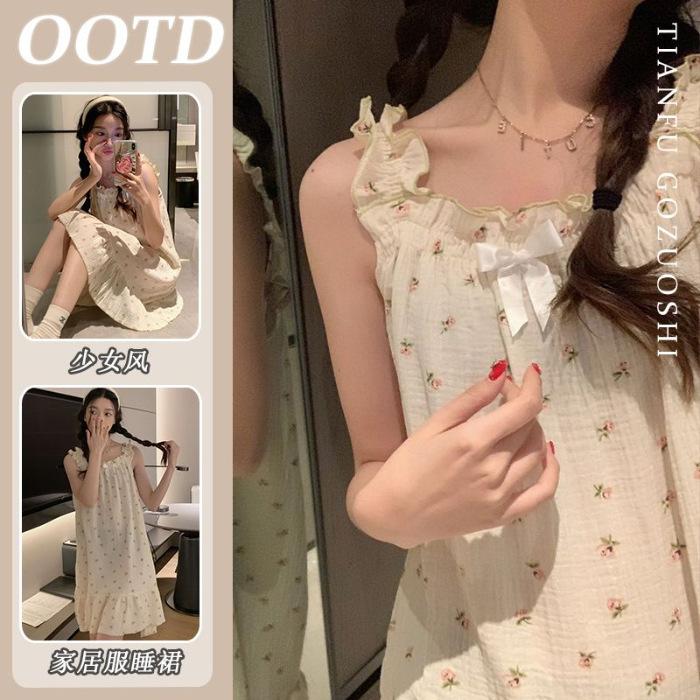 

[With chest pad] Summer new sweet floral lotus leaf edge nightdress women s ins style Korean version suspender loungewear M