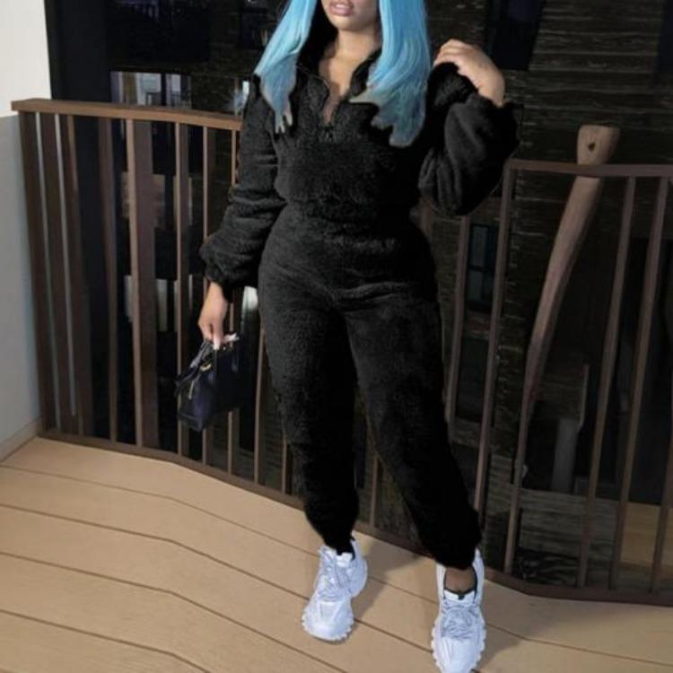 Set Trening Plușat Culoare Solidă pentru Femei 2 Bucăți Top cu Mânecă Lungă și Guler Ridicat și Pantaloni Groși cu Talie Elastică Îmbrăcăminte Sport