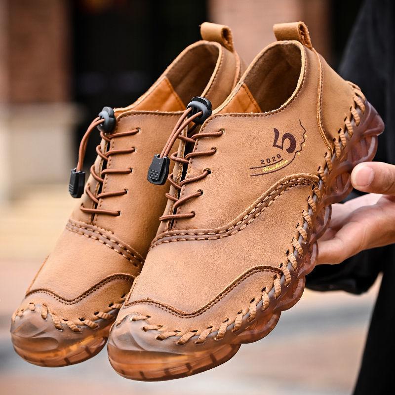 Pánské ležérní boty z první vrstvy hovězí kůže, pravá kůže, ručně šité, trendy pánské boty, outdoor boty s velkou špičkou, sportovní pracovní obuv
