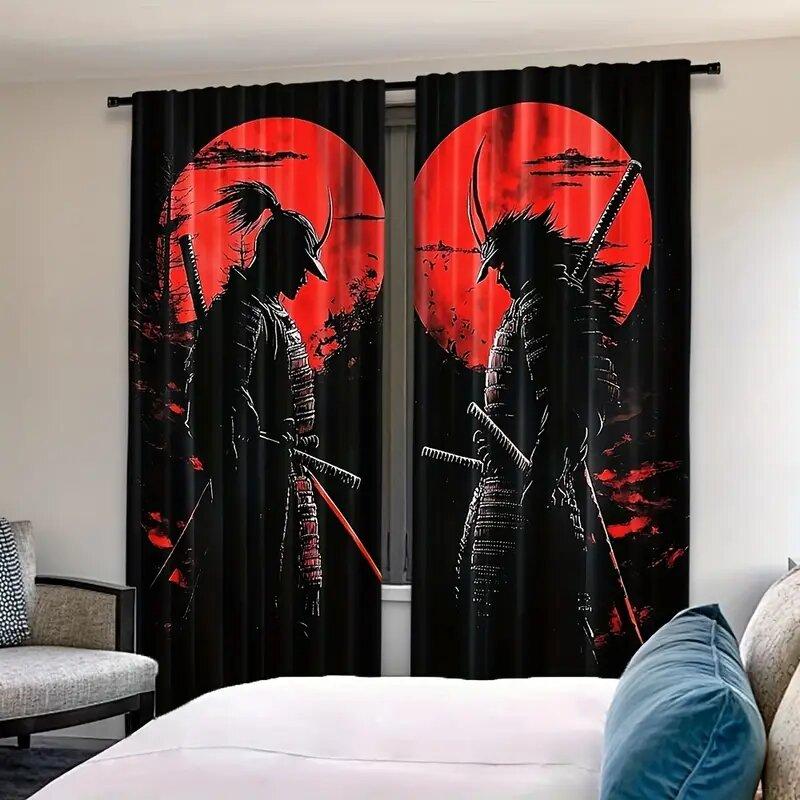 Set Of 2 Japanese Samurai Ink Paintings Print Curtains Pole Bag Home Decoration Room Curtain Polyester
