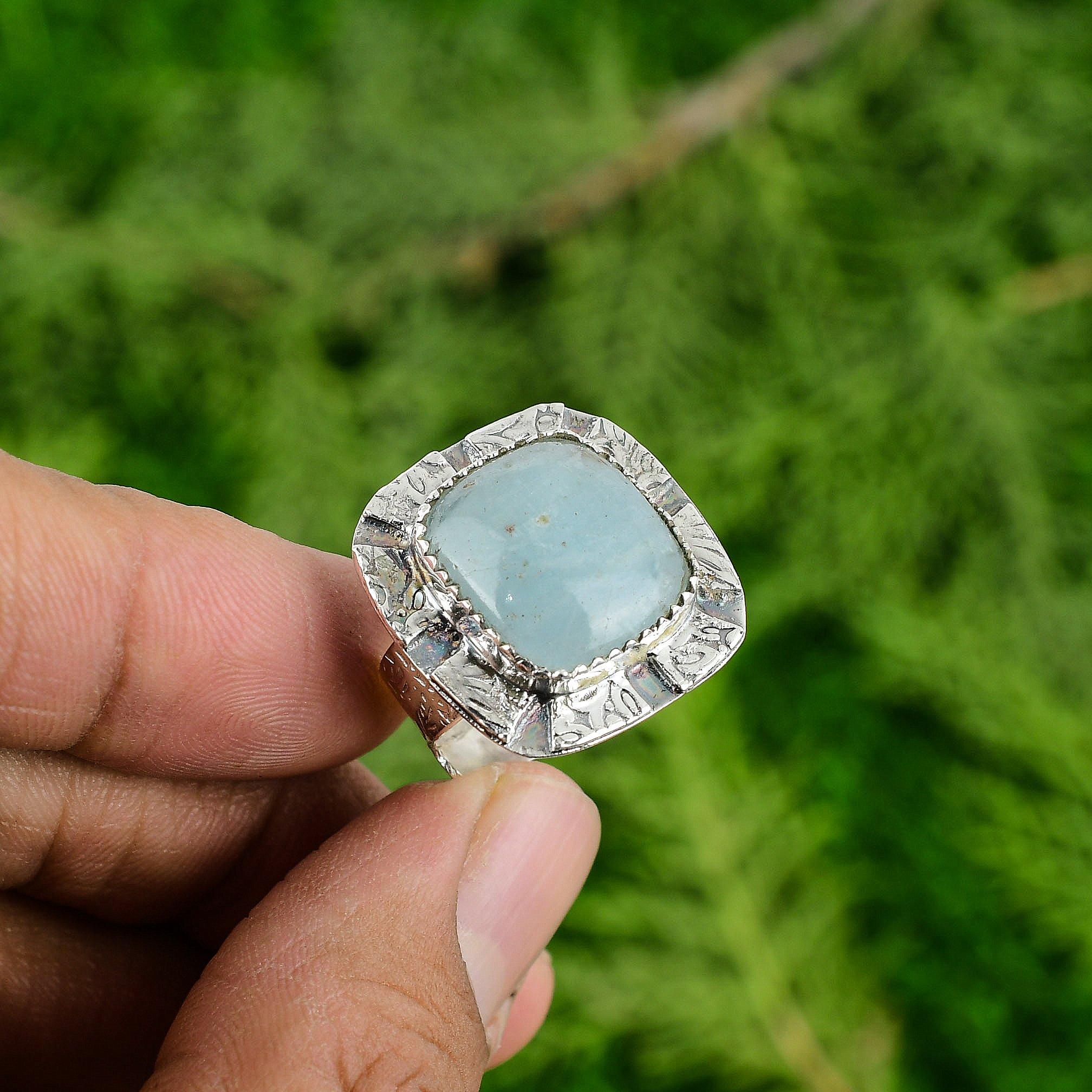 

Серебро 925 пробы Сияющий Натуральный Аквамарин Ручной работы Солитер Март Новое Кольцо Adjustable