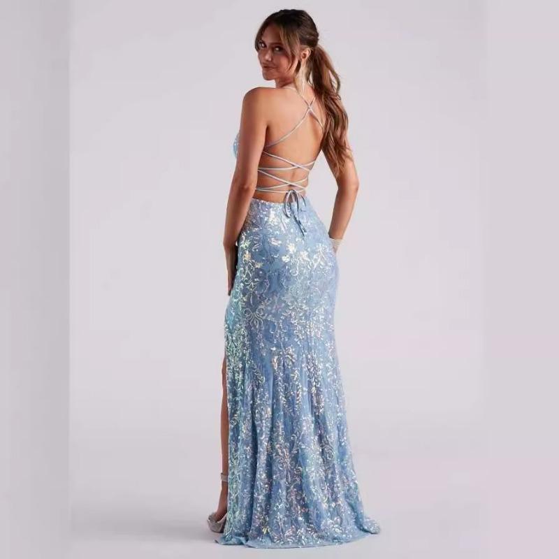 Women Sexy Off Shoulder Sequin Slit Floor Length Evening Party Gown