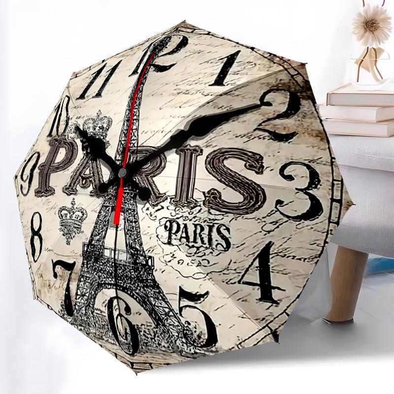 

1pc Sturdy 8-Bone Auto Umbrella, Cafe de la Tour Vintage Wall Clock Umbrella, Digital Printed, Foldable Umbrella for On-the-Go Outdoor Use