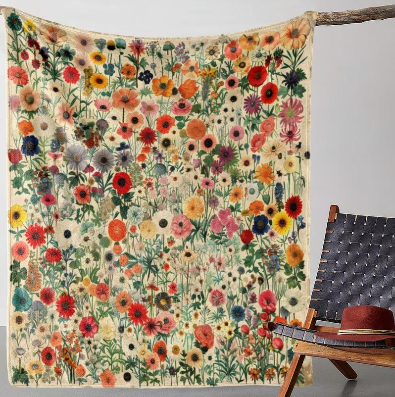Vintage Floral Print Flannel Blanket - Soft Warm All-Season Throw for Office Camping Travel Cozy Gift for Men Vibrant Home Decor