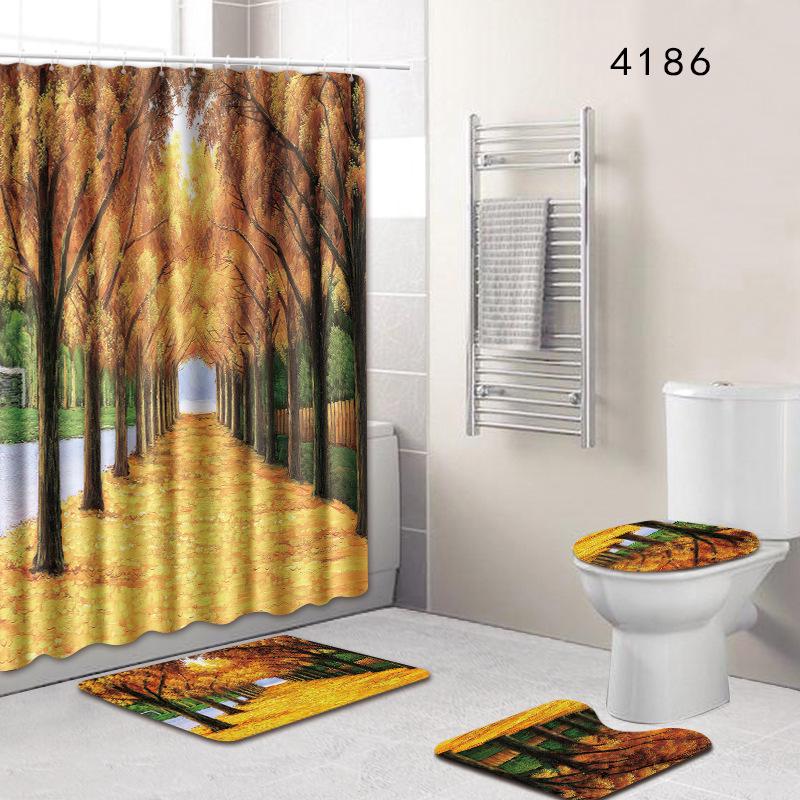 Plant Landscape Bathroom Shower Curtain Floor Mat Toilet Cover Foot Mat Four-Piece Pattern Size