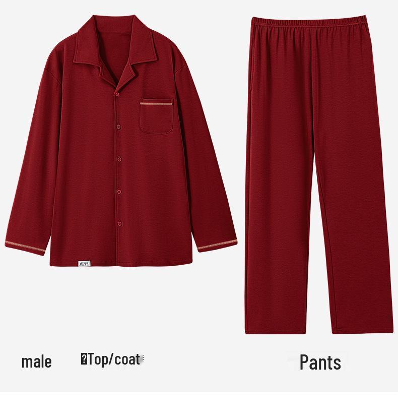 Wedding Couple Red Pajamas Set - Autumn Winter Pure Cotton Long Sleeve Homewear for Him & Her