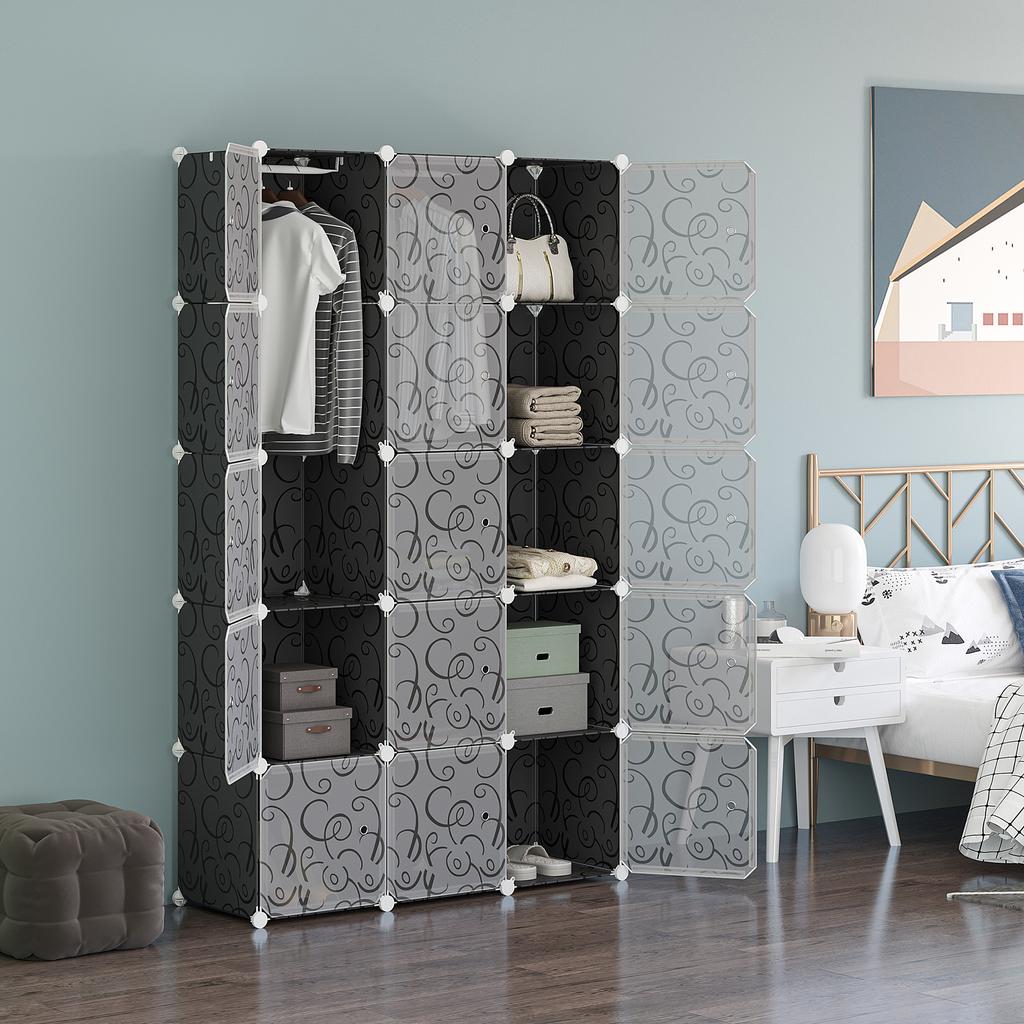 Portable Wardrobe for Bedroom, 15 Cube Closet with Hanging Rail, Modular Storage Cabinet, Plastic Armoire for Space Saving, White and Black