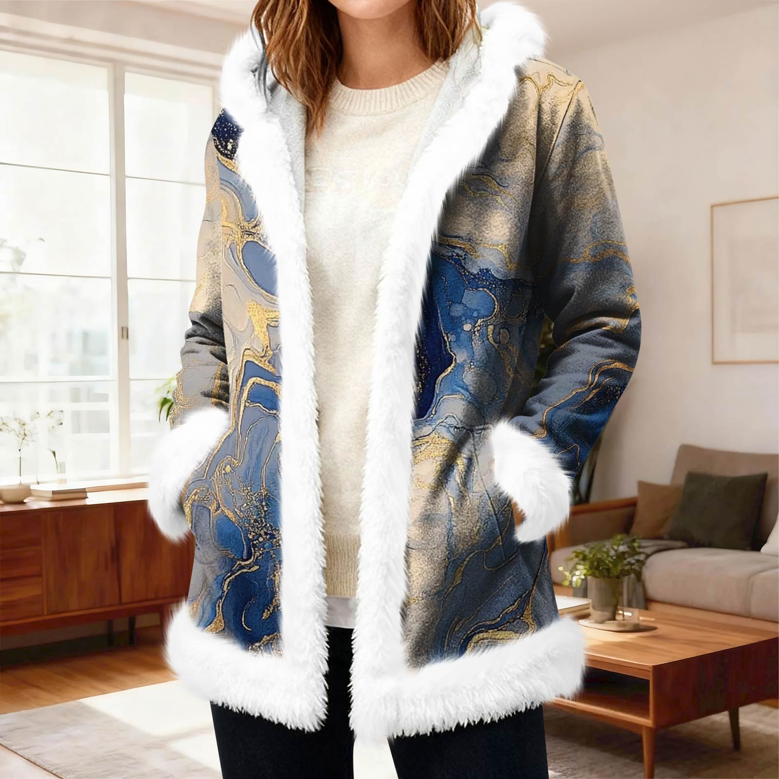 

Женский повседневный флисовый кардиган с капюшоном и карманами, теплая верхняя одежда S