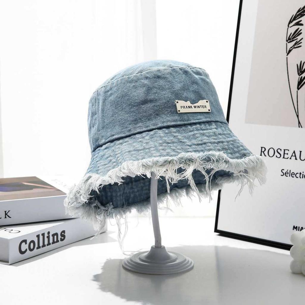 Autumn and winter hat women's rough edge old washed denim bucket hat big brim showing face small bucket hat versatile basin hat
