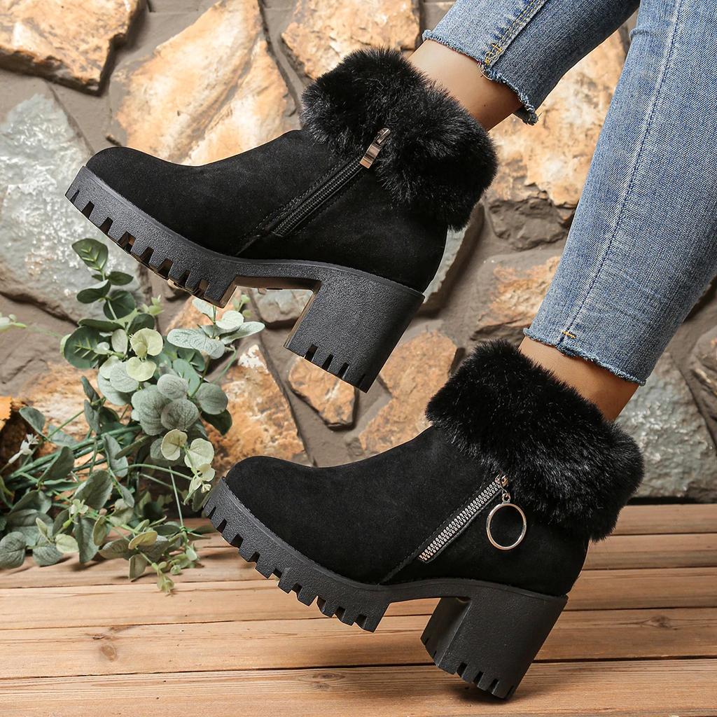 Women Boots Winter Fluffy Fur Boots Fashion Suede High Heel Ankle Booties Winter Snow Boots for Women Plush Warm Winter Booties