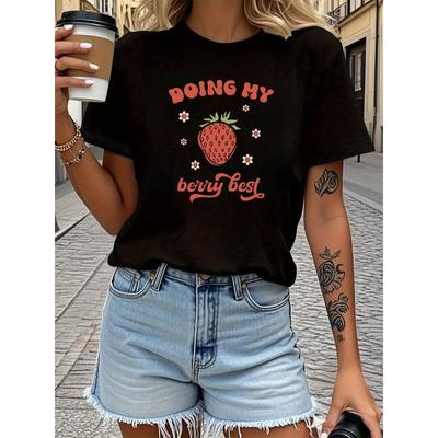 Doing My Berry Best Graphic Print Women'S Round Neck Short Sleeve T-Shirt, Perfect for Casual Outings, Holiday Gifts, Friend Gatherings,
