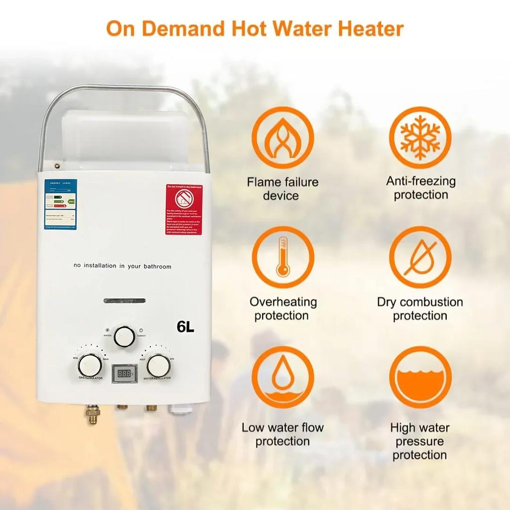 LPG Propane Gas Tankless Water Heater 6L Outdoor Camping Instant Heating Bath With Shower Head Hot Water Heater Car Truck Tent