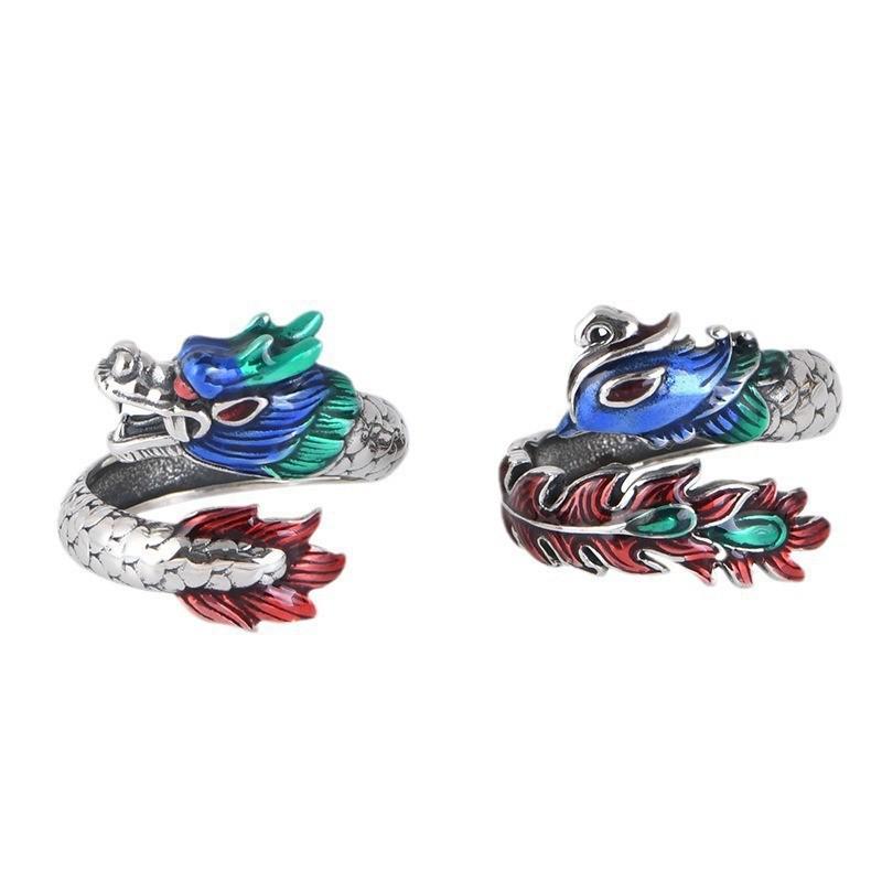 925 Retro Style Dragon & Phoenix Enamel Ring: Unisex, Artistic, Open Index Finger Design