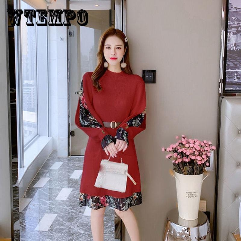 

Женское осенне-зимнее платье с длинными рукавами, платье-свитер с полувысоким воротником и поясом, юбка средней длины