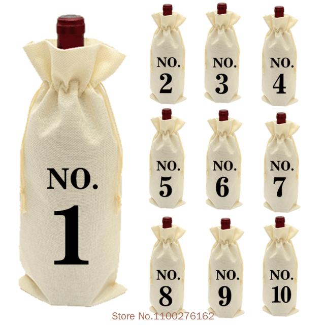 10pcs Jute Wine Bags With Drawstring Numbered Wine Bottle Gift Bags Blind Wine Cover Tasting 35x15cm бежевый