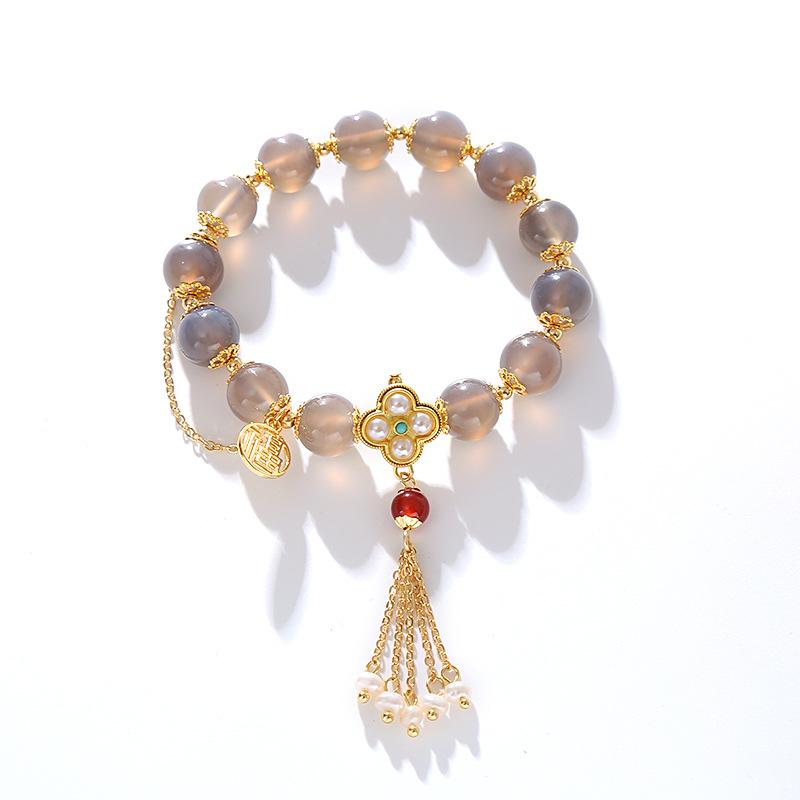 

Natural gray agate round bead red agate pearl fringed braceletfashion women daily jewelry gift