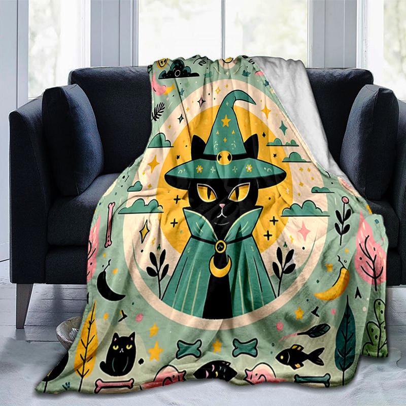 1pc Green Wizard Cat Blanket Soft Throw for Home Decor, Perfect Gift for All Seasons, Living Room, Travel, Camping, Car Blankets