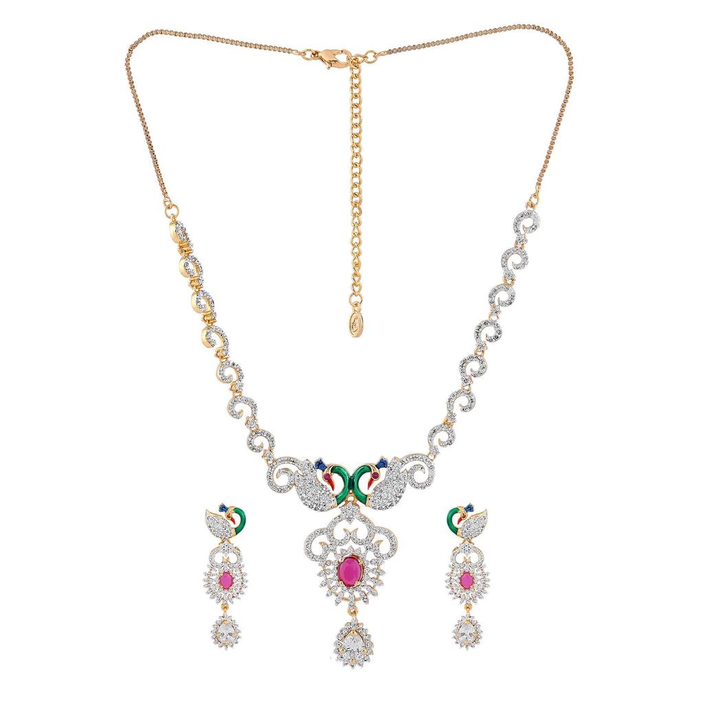 Estele Pfauenhalskette für Damen mit 24 Karat vergoldeten, österreichischen Diamanten und Rubinen