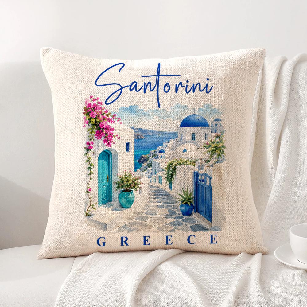 Greek Santorini Cushion Cover Linen Organic Fabric DoubleSided Printing Sofa Breathable Home Decor Gift Pillow Case