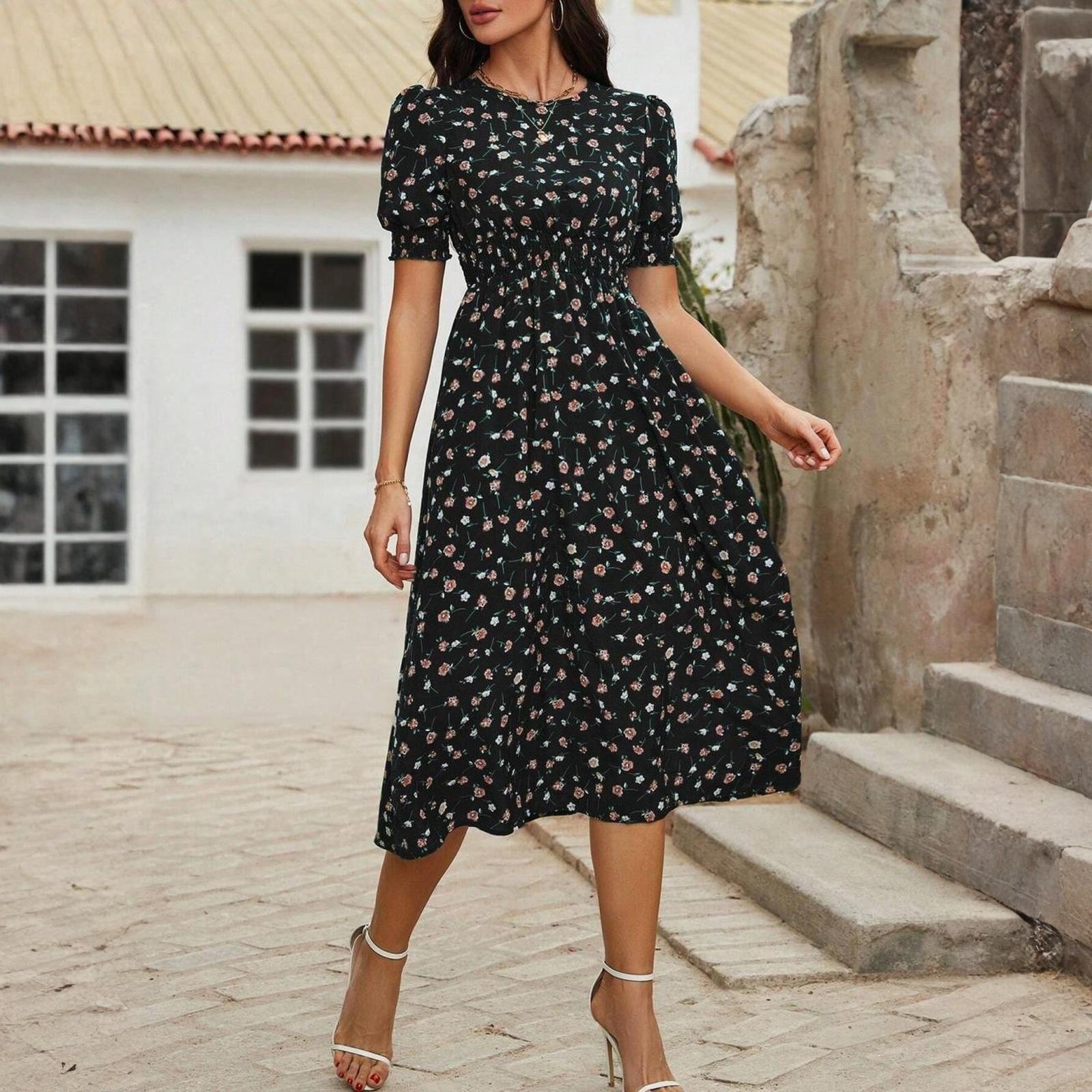 

Женское модное платье с круглым вырезом, короткими рукавами и цветочным принтом, повседневное для отдыха L оранжевый