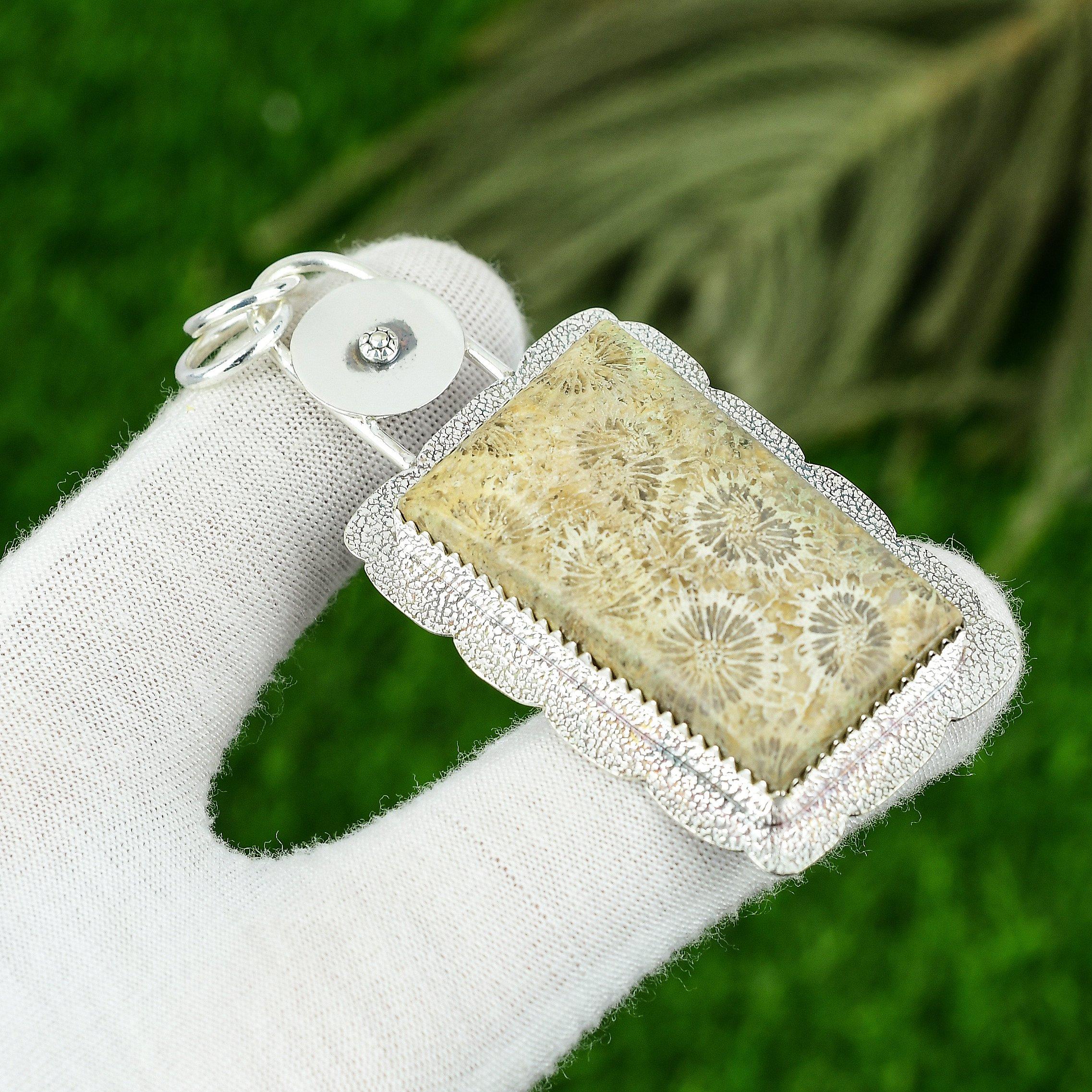 

925 Sterling Silver Rectangle Fossil Coral Stone Engagement Bezel New Pendant