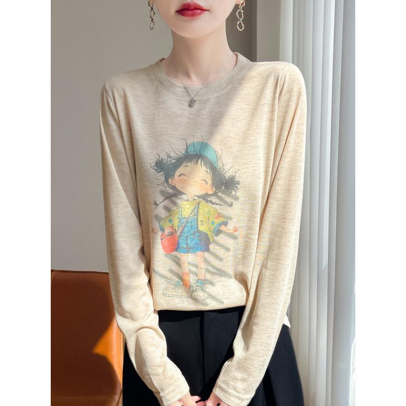 Healing Style Little Girl Long Sleeve Gentle Wind Printed T-Shirt Autumn Winter New Daily Top