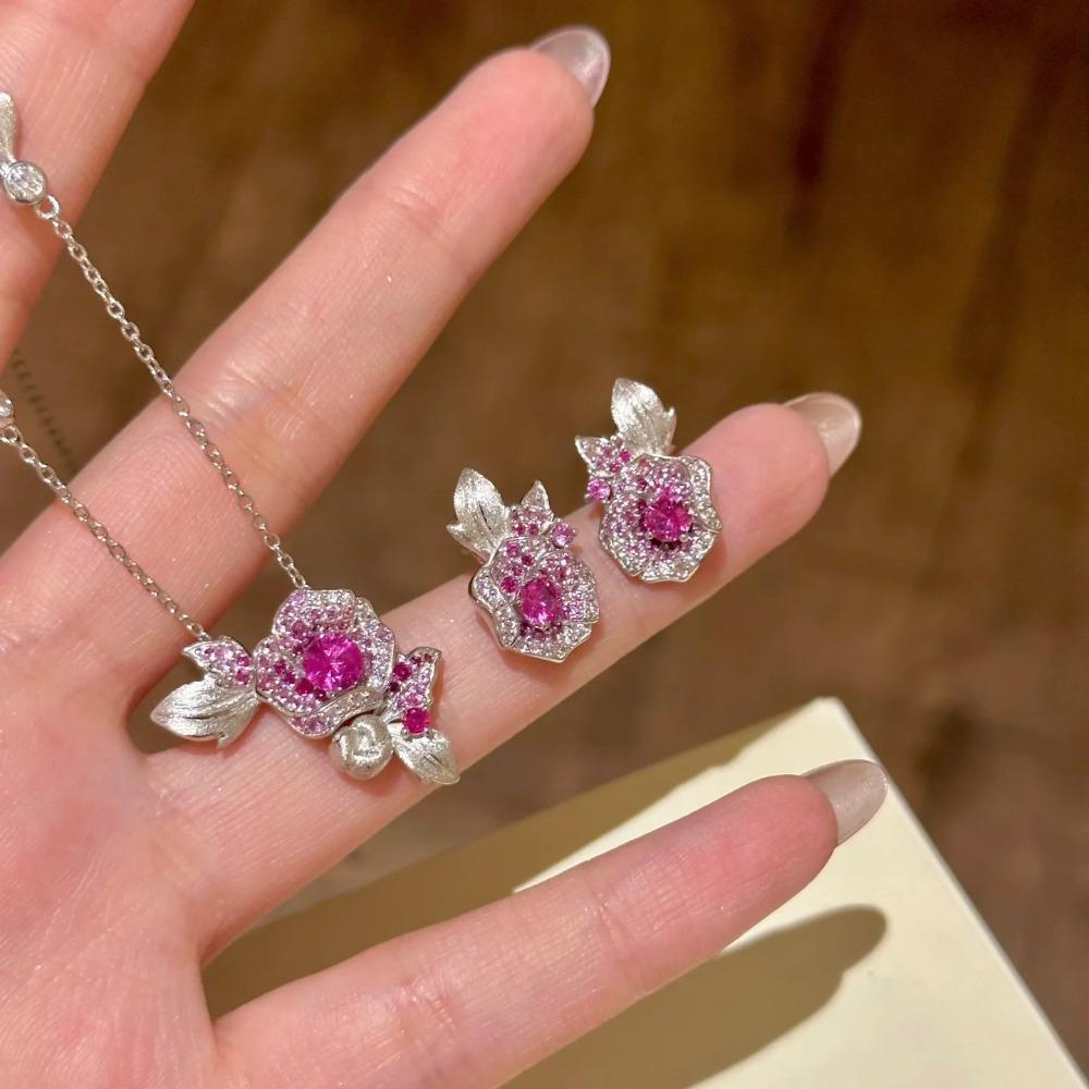 Women Jewelry Set Rose Gold Plated Necklace Earrings Red Corundum Camellia Flower Diamond Pendant Luxury Elegant